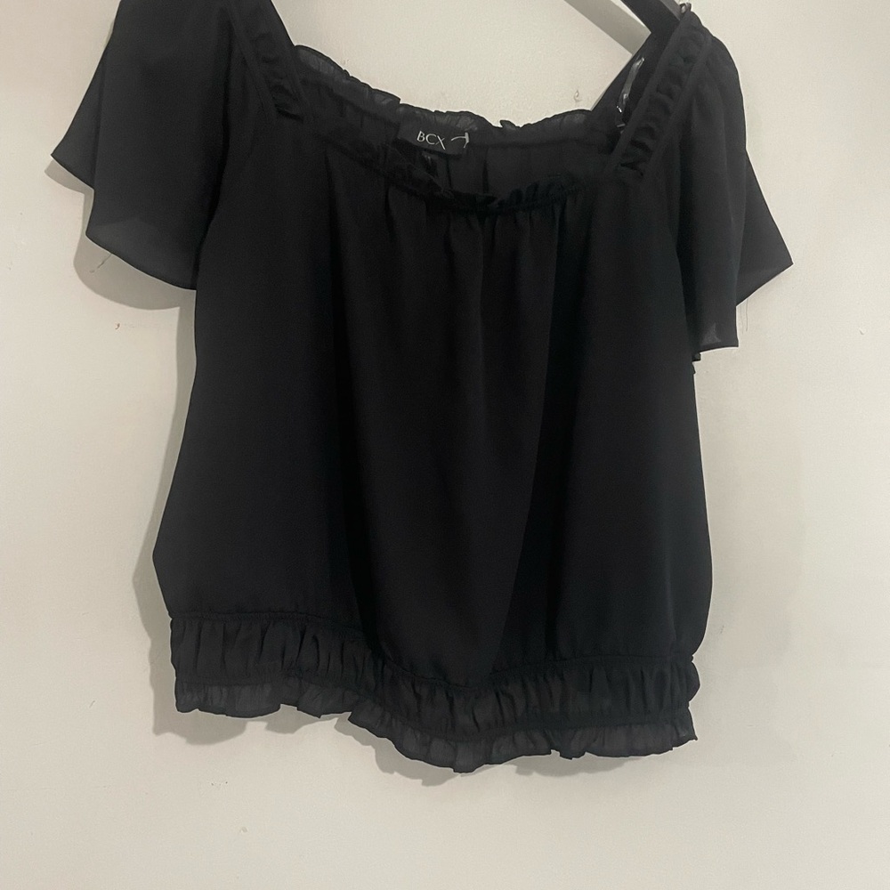 BCX Black Flutter Sleeve Ruffled Blouse